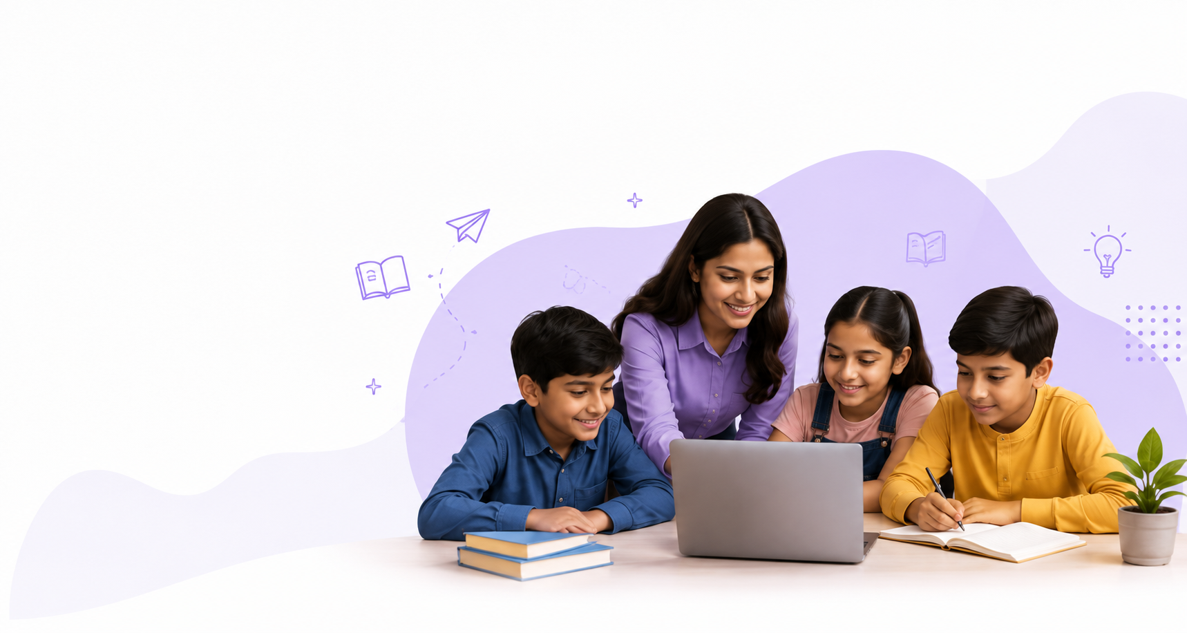 A DoubtComm mentor guiding a group of students through a lesson on a laptop